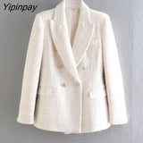 Yipinpay Spring Autumn Women Jacket Coat 2023 Fashion Double Breasted Tweed OL Blazer Vintage Long Sleeve Female Outerwear Chic Top