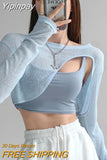 Yipinpay Casual Hollow Smock T Shirt Women Summer New Thin Irregular Long Sleeve Knitted Crop Tops Female