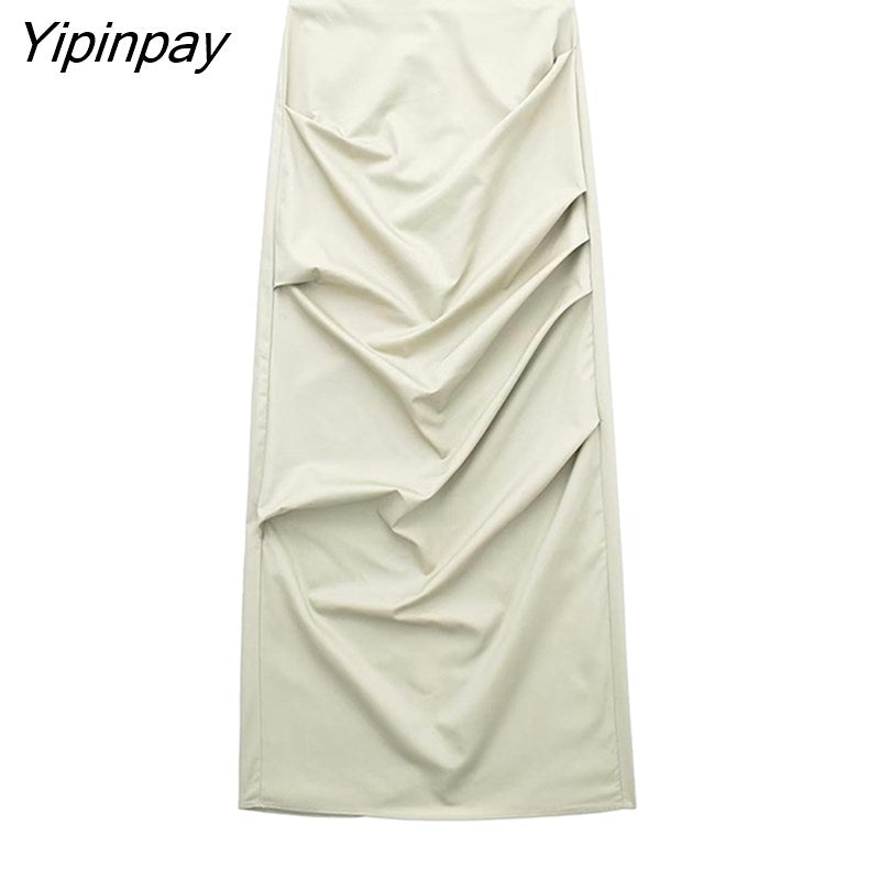Yipinpay 2023 Fashion Women Solid Folds Skirts Sets Spring Summer Causal Strapless Tops Back Slip Zipper Mid-Calf Skirts Suits