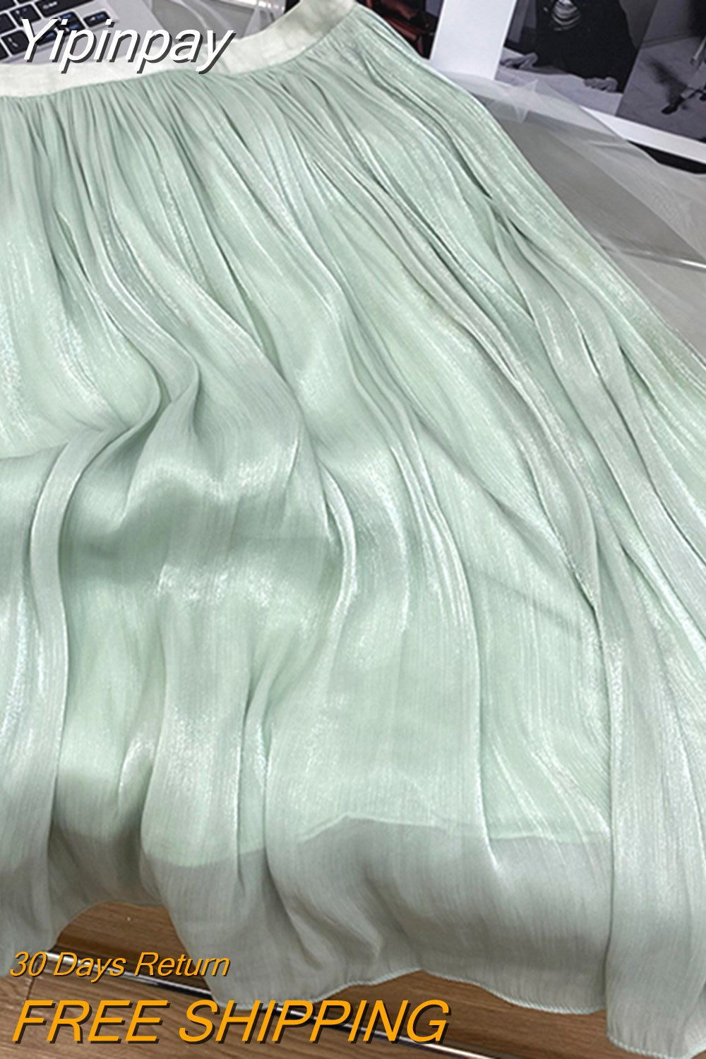 Yipinpay 2023 New Stylish Chiffon Pleated Skirt Women Solid Color Elegant Luxury Princess Fairy Midi Skirts Ladies Gentle Jupes