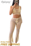 Yipinpay Summer Beach Wear Knit Outfits Women Hollow Out Crop Tops And See Through Straight Pant Suits Femme 2 Piece Matching Sets