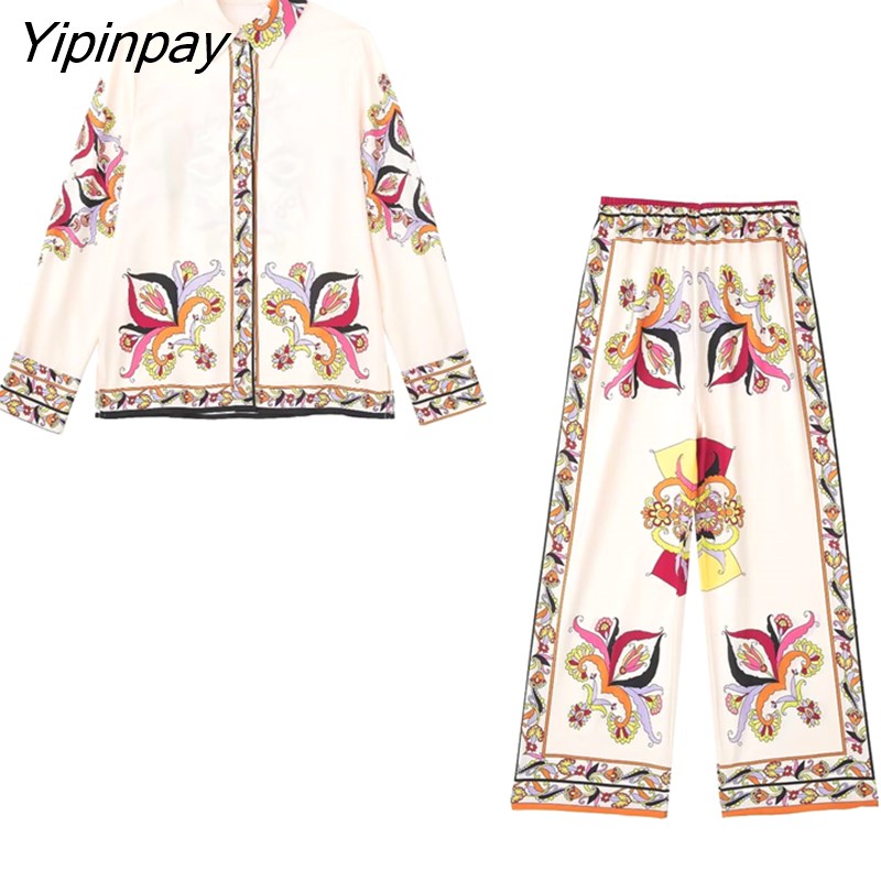 Yipinpay 2023 Spring Autumn Floral Print Pants Sets Causal Fashion Long Sleeved Blouses+Wide Leg Pants Street Casual Outwear