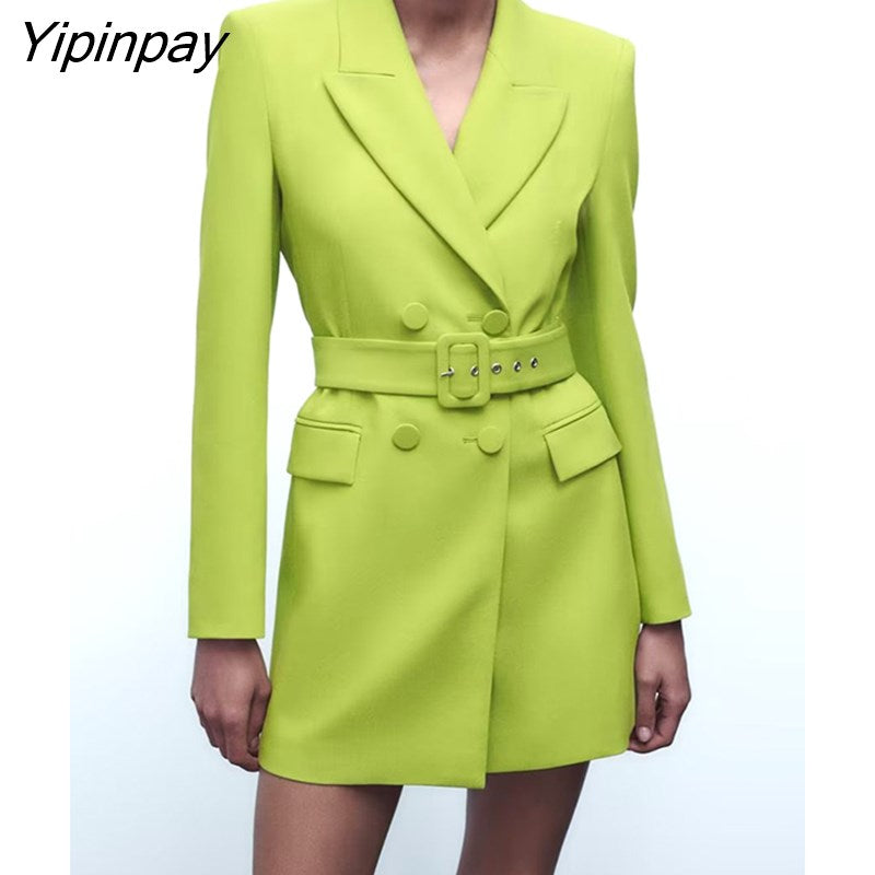 Yipinpay Women Solid Blazer Jacket With Belt 2023 Spring Autumn Notched Office Outfits Coats Double Breasted Chic Outwear Two Colors