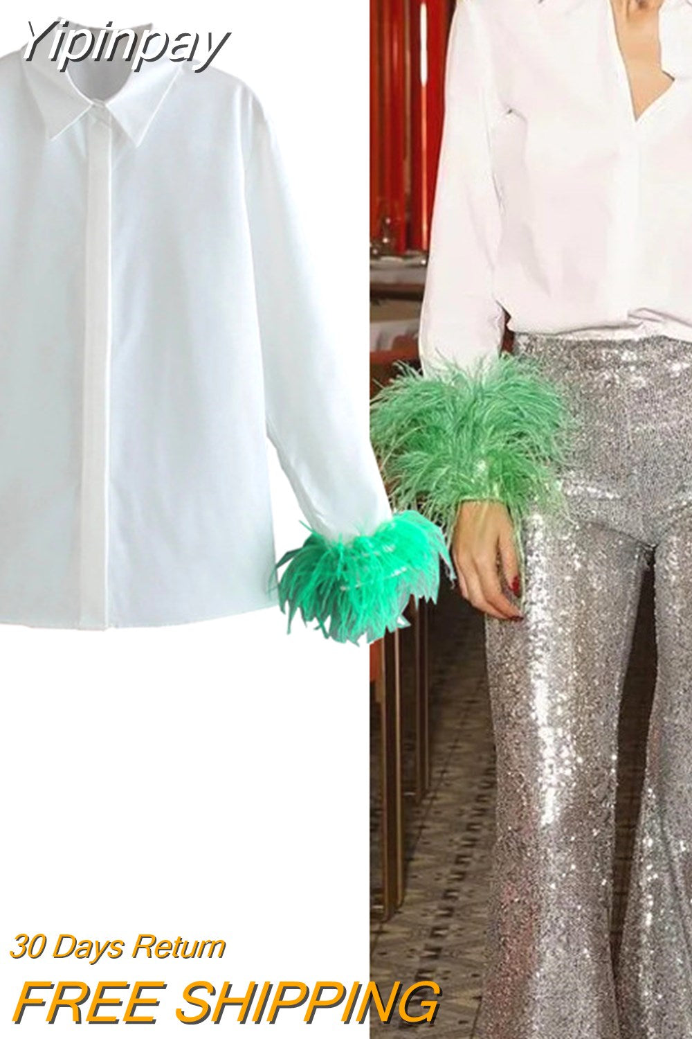 Yipinpay White Shirt Woman Long Sleeve Green Feather Top Party Elegant Female Blouses Fashion Collared Button Up Women Shirt