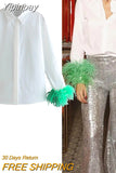 Yipinpay White Shirt Woman Long Sleeve Green Feather Top Party Elegant Female Blouses Fashion Collared Button Up Women Shirt