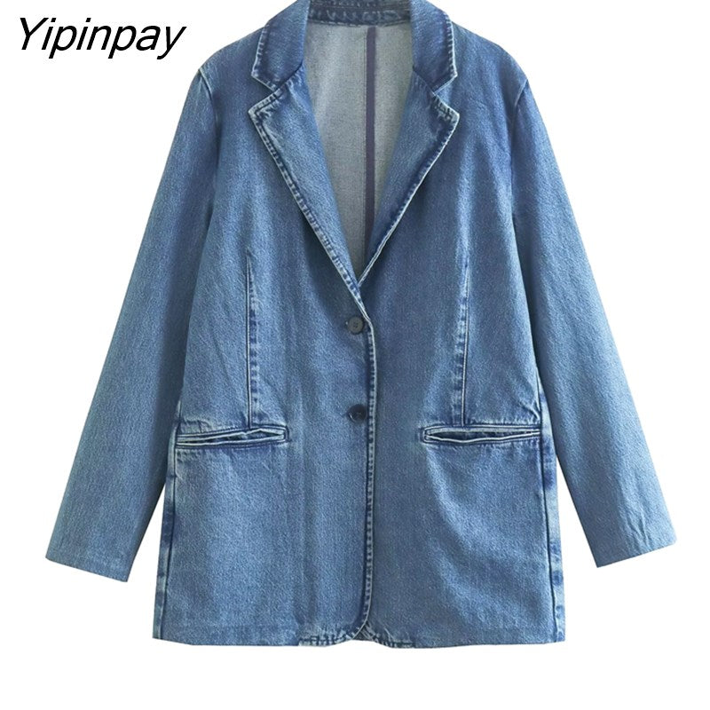 Yipinpay 2023 Autumn Women Denim Blazer Jackets Solid Notched Causal Pockets Coats Single Breasted Long Sleeve Chic Outwear