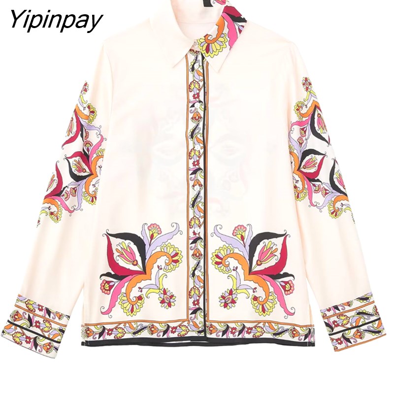 Yipinpay 2023 Spring Autumn Floral Print Pants Sets Causal Fashion Long Sleeved Blouses+Wide Leg Pants Street Casual Outwear