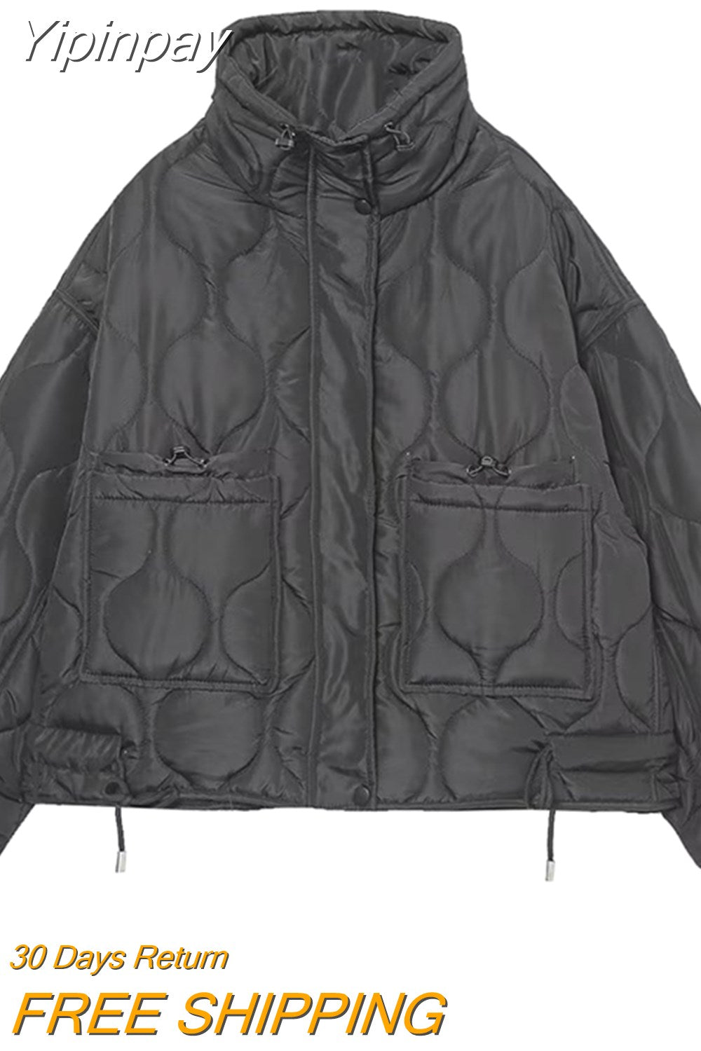 Yipinpay TRAF Fashion Quilted Coat for Women 2023 Stand Collar Warm Coats Female Front Zipper Long Sleeve Jacket Ladies Outerwear