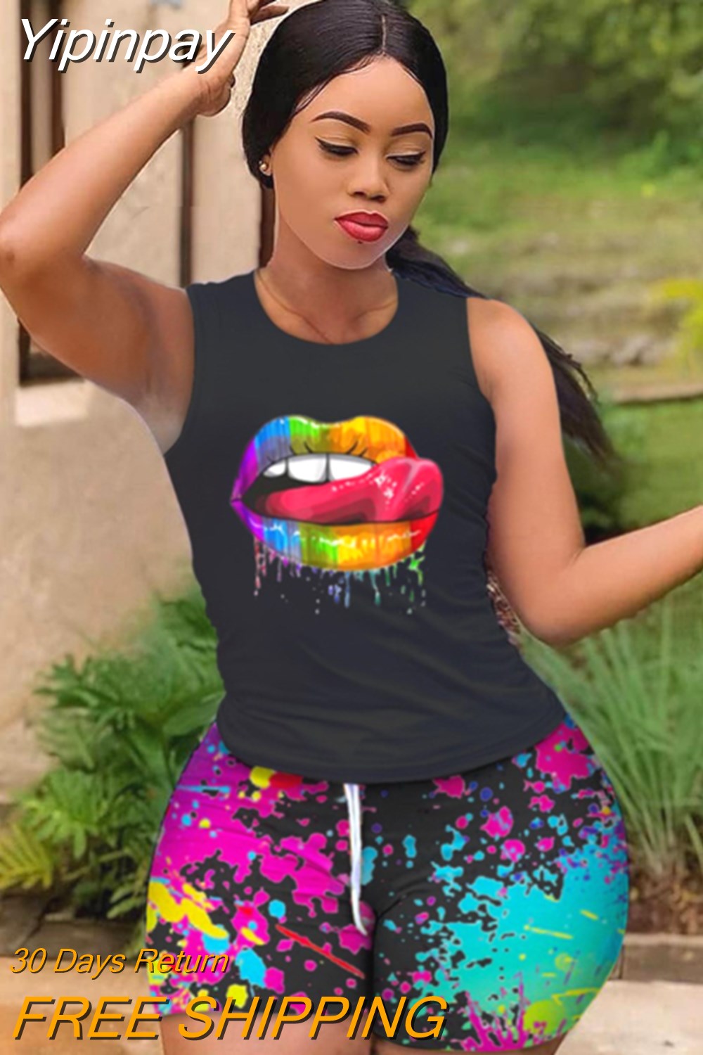 Yipinpay Women 2023 Summer Two Piece Sets Outfits Fashion Lip Print Round Neck Sleeveless Tank Top & Ink Splash Drawstring Shorts Set New