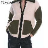 Yipinpay 2023 Autumn Women Patchwork Knitted Sweater Coat Warm Zipper Cardigan Turn Down Collar Long Sleeve Chic Soft Tops