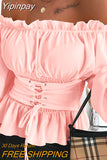 Yipinpay Shoulder Lace-up Front Ruffles Casual Blouse Plus Size Tops Spring Tops and Blouses