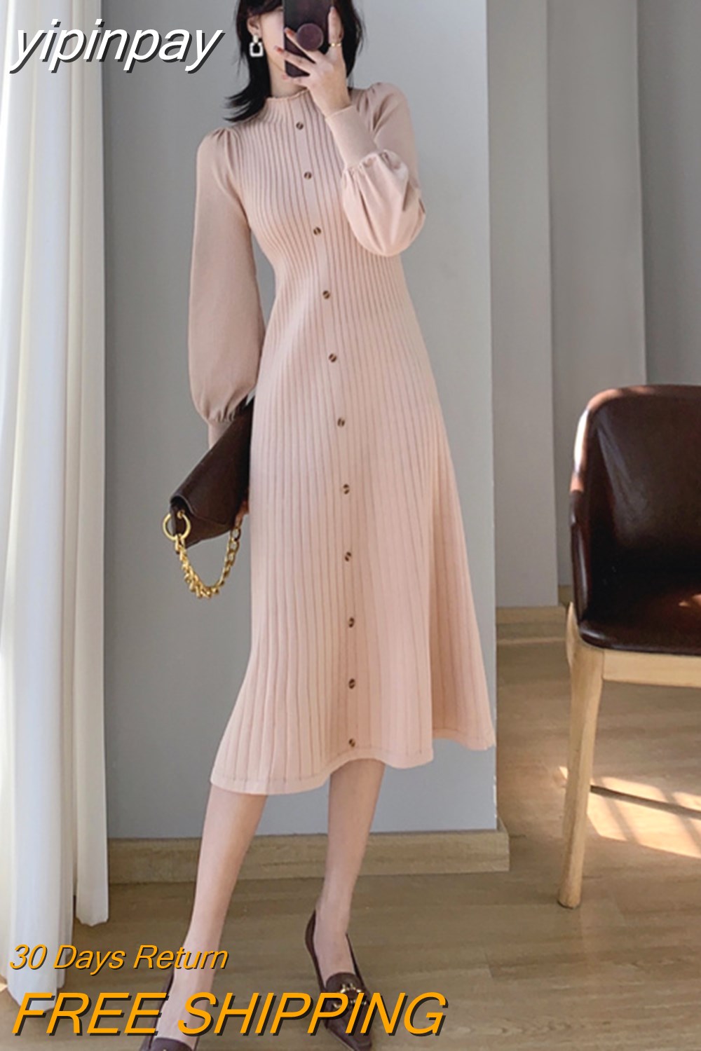 yipinpay 2023 Korean Fashion Women's Sweater Dress Buttons Autumn Knitwear Long Midi Dresses Female Winter Black Chic Vestidos