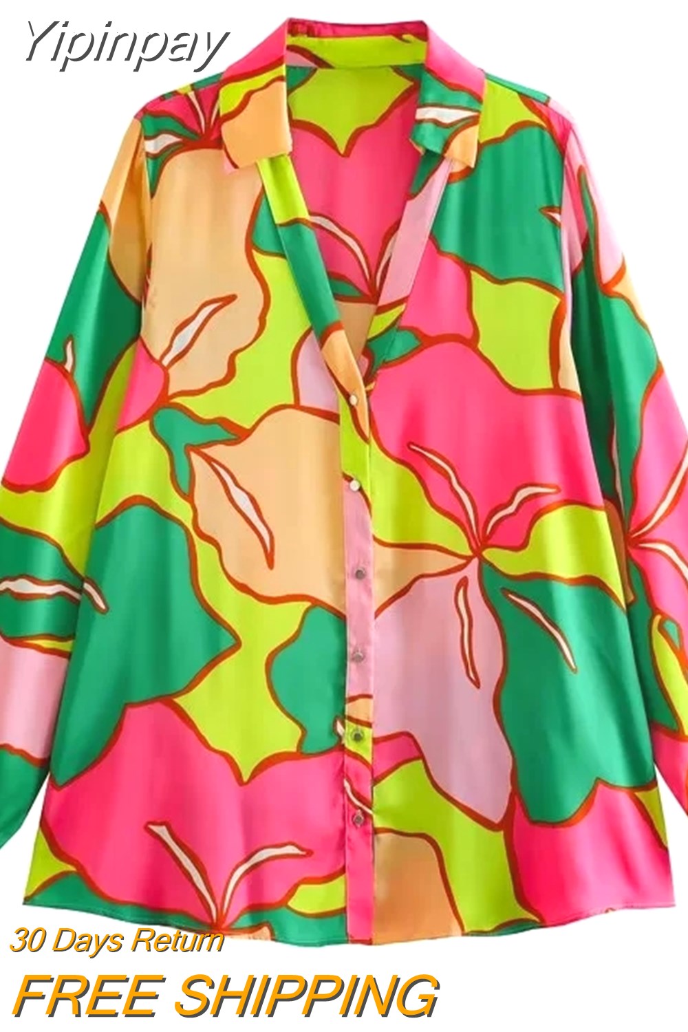 Yipinpay 2023 Pink Print Satin Shirt Woman Vintage Button Up Shirt Women Long Sleeve Top Female Casual Loose Blouses Hawaiian Shirt