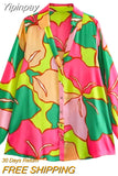 Yipinpay 2023 Pink Print Satin Shirt Woman Vintage Button Up Shirt Women Long Sleeve Top Female Casual Loose Blouses Hawaiian Shirt