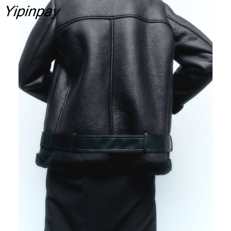 Yipinpay Women Winter Fur Faux Leather Coats 2023 Fleece Thicken Warm Long Sleeve PU Jacket Vintage Female Waistcoat Chic Tops