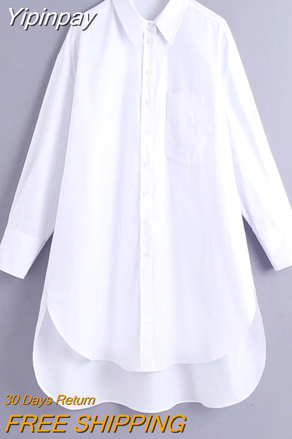 Yipinpay Oversized White Shirt Women 2023 Autumn Long Sleeve Collared Button Up Long Shirts Ladies Asymmetric Hem Casual Tops