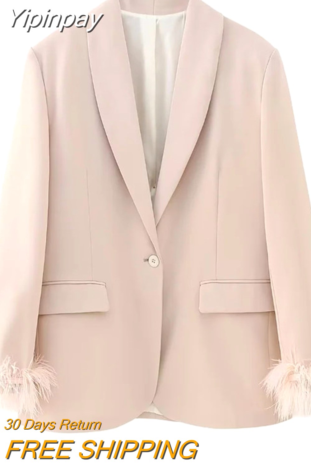 Yipinpay 2023 Pink Blazer Woman Fashion Button Jacket With Feathers Long Sleeve Blazer Suits For Women Spring Elegant Womens Jackets