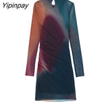 Yipinpay 2023 Sexy Women Tulle Printed Mini Dresses Vintage Female Slim Dresses Beach Party Long Sleeve O-neck Vestidos Mujer
