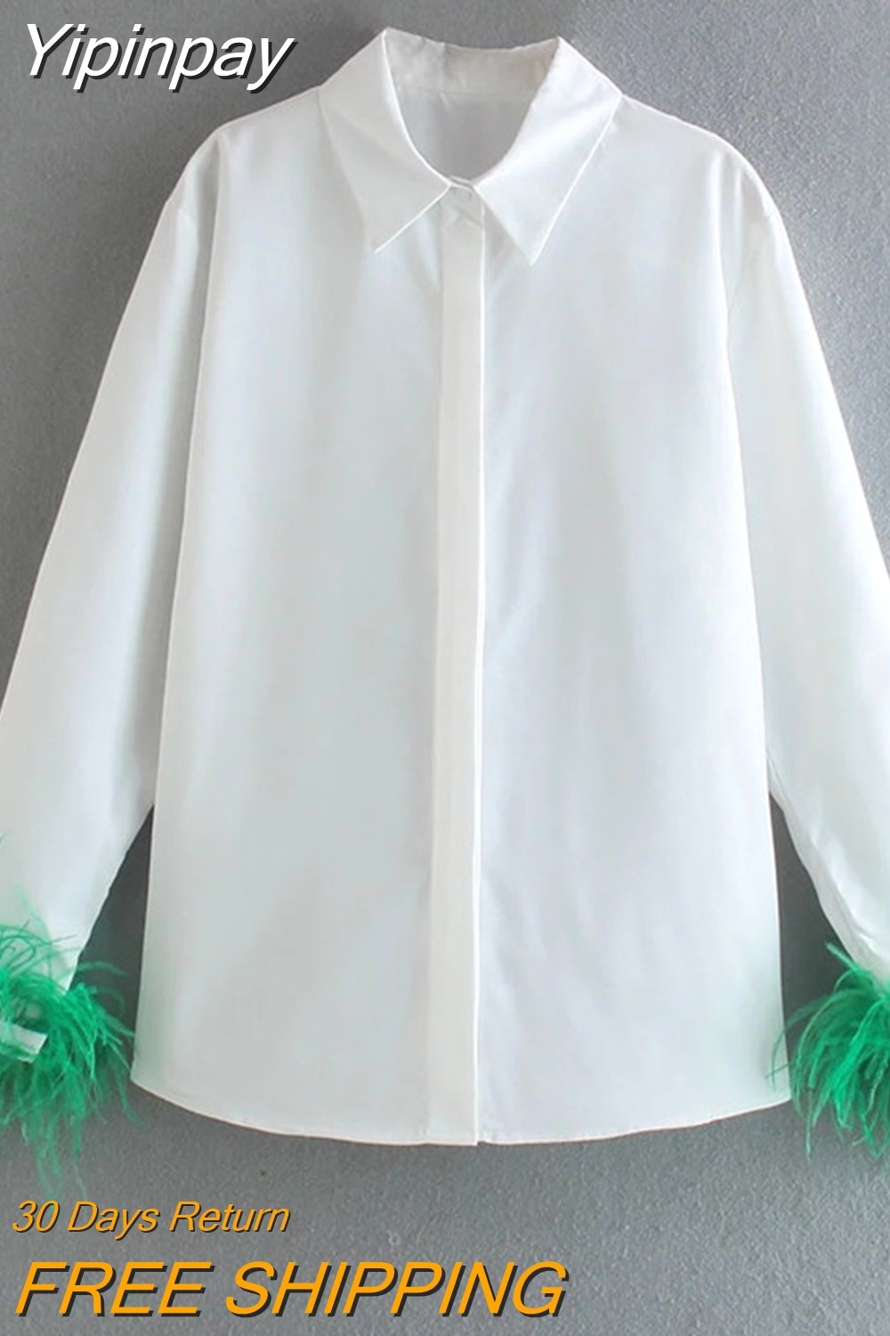 Yipinpay White Shirt Woman Long Sleeve Green Feather Top Party Elegant Female Blouses Fashion Collared Button Up Women Shirt