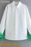 Yipinpay White Shirt Woman Long Sleeve Green Feather Top Party Elegant Female Blouses Fashion Collared Button Up Women Shirt