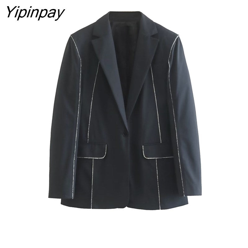Yipinpay Women Fashion Single Button Blazer Coat 2023 Vintage Long Sleeve Flap Pockets Female Outerwear Chic Vestes Femme