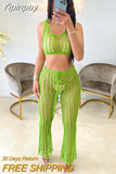Yipinpay Summer Beach Wear Knit Outfits Women Hollow Out Crop Tops And See Through Straight Pant Suits Femme 2 Piece Matching Sets