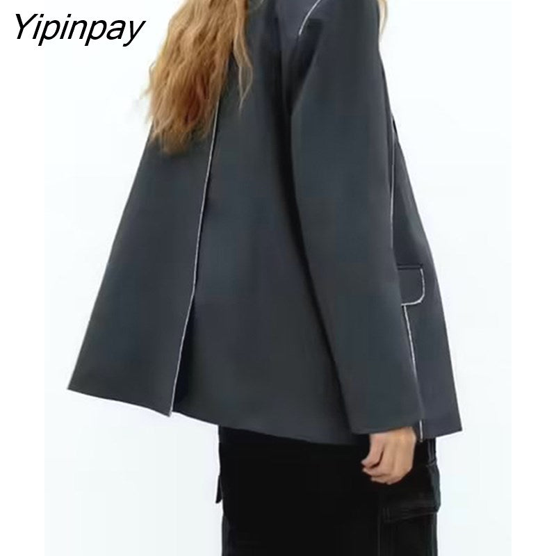 Yipinpay Women Fashion Single Button Blazer Coat 2023 Vintage Long Sleeve Flap Pockets Female Outerwear Chic Vestes Femme