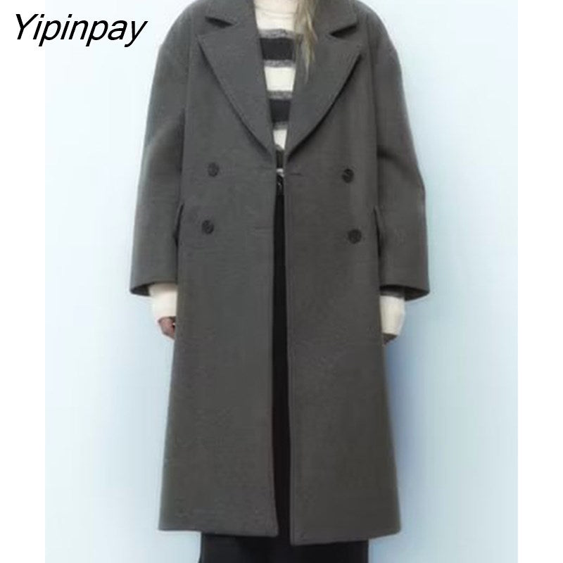Yipinpay Elegant Ladies Loose Woolen Coat 2023 Winter Simple Double Breasted Long Sleeve Outwear Warm Basic Female Fashion Overcoat