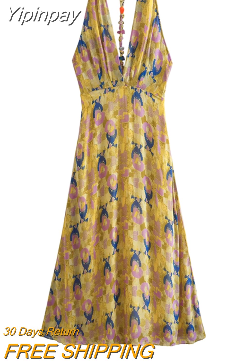 Yipinpay 2023 Print Halter Long Dress Women Summer Sexy Backless Dress Woman Knot Off Shoulder Midi Beach Holiday Party Dresses