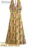 Yipinpay 2023 Print Halter Long Dress Women Summer Sexy Backless Dress Woman Knot Off Shoulder Midi Beach Holiday Party Dresses