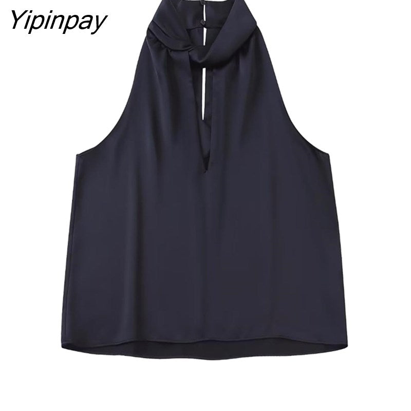 Yipinpay 2023 Spring Autumn Women Solid Blouses Causal Hollow Out Sleeveless Thin Tops Thin Sexy Halter Collar T-Shirts