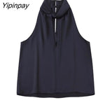 Yipinpay 2023 Spring Autumn Women Solid Blouses Causal Hollow Out Sleeveless Thin Tops Thin Sexy Halter Collar T-Shirts