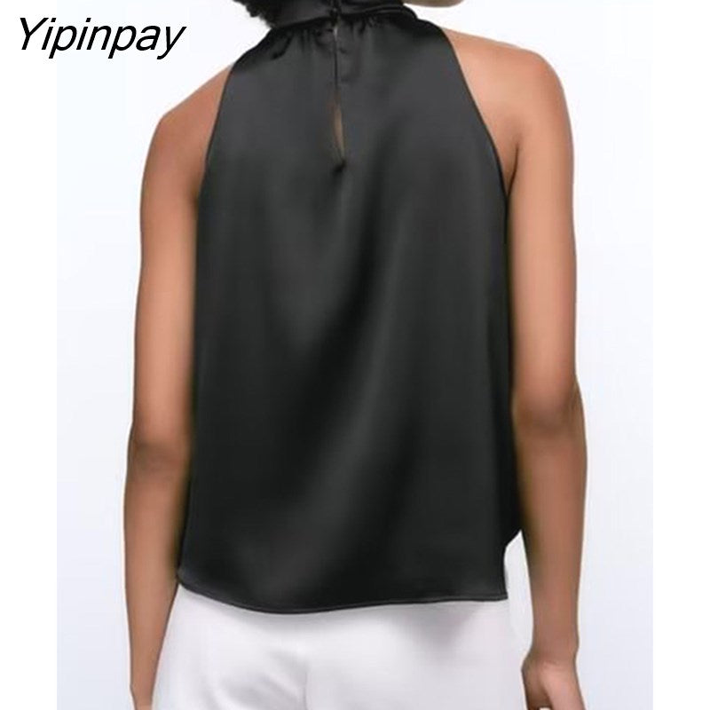 Yipinpay 2023 Spring Autumn Women Solid Blouses Causal Hollow Out Sleeveless Thin Tops Thin Sexy Halter Collar T-Shirts