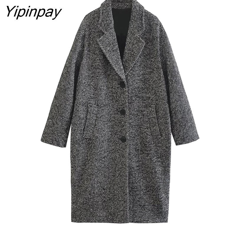 Yipinpay 2023 Gray Women Winter Classic Woolen Overcoat Warm Long Sleeved Single Breasted Coat Ladies Fashion Notched Streetwear