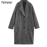 Yipinpay 2023 Gray Women Winter Classic Woolen Overcoat Warm Long Sleeved Single Breasted Coat Ladies Fashion Notched Streetwear