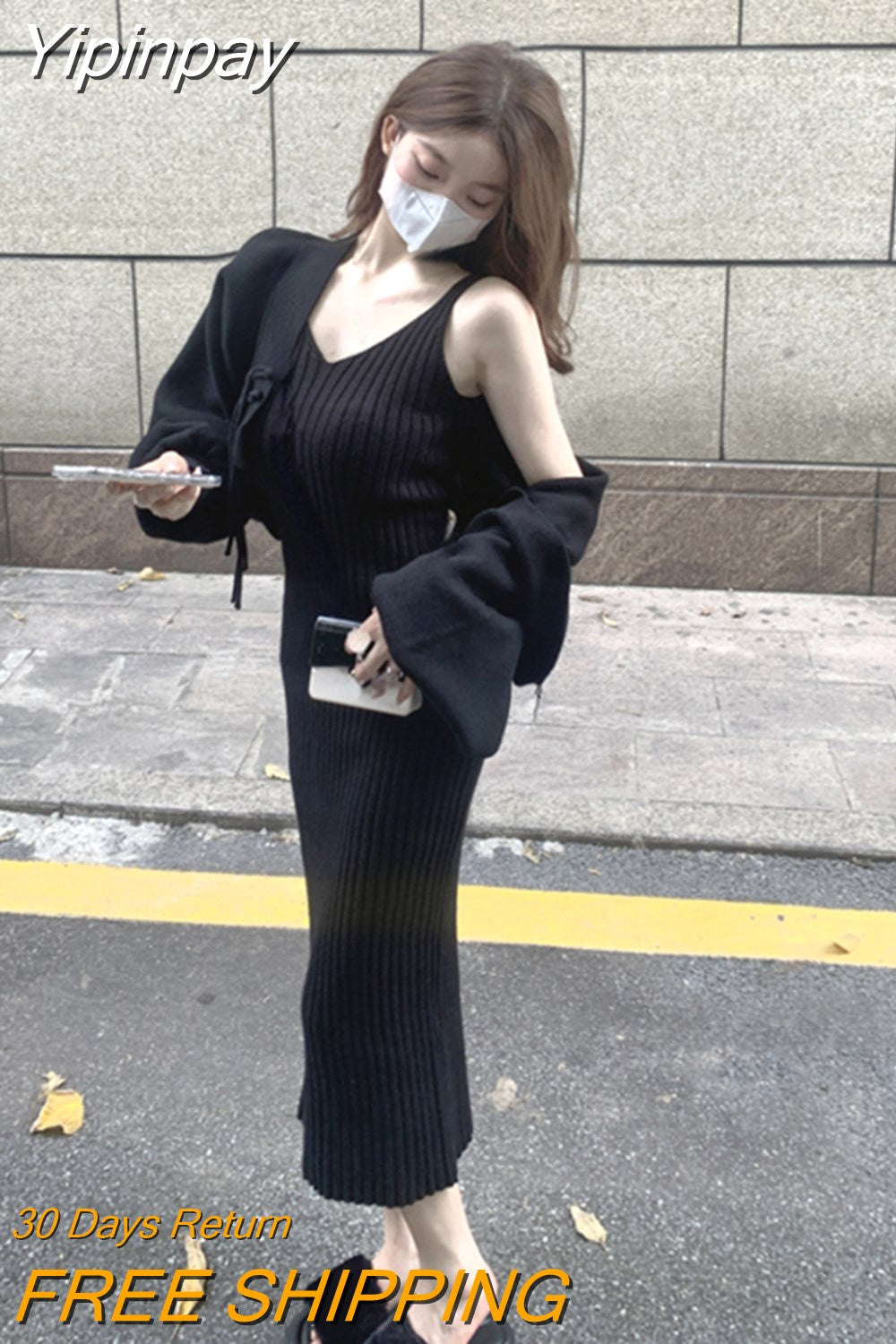 Yipinpay 2 Piece Dress Set Woman Slim Bodycon Strap Midi Dress Party Elegant + Casual Long Sleeve Short Tops Korean Suit Solid