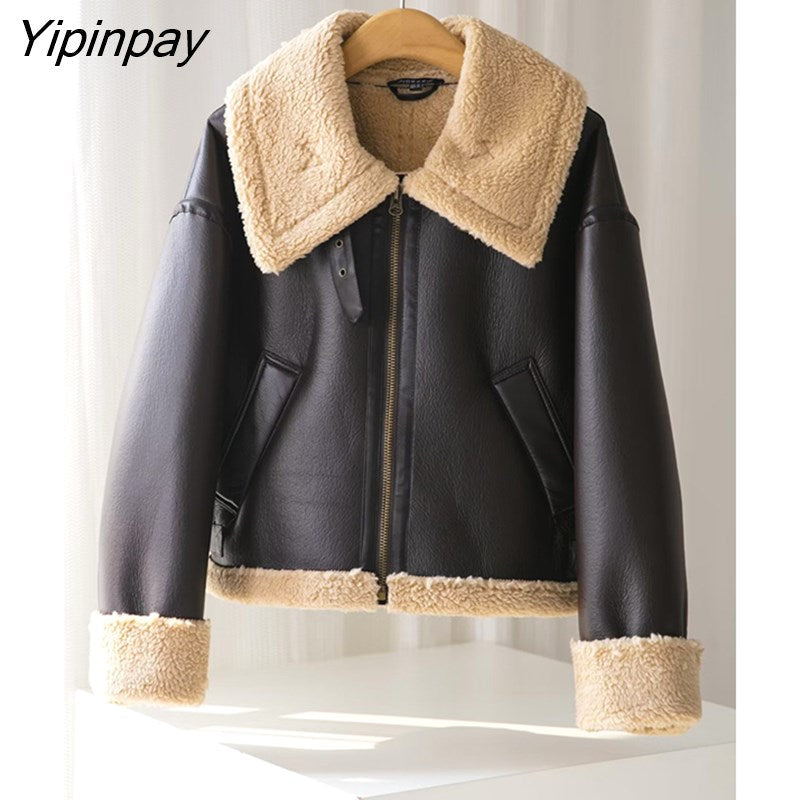 Yipinpay Women Winter Faux Fur Fleece Coat 2023 Fashion Thicken Fur All-in-One Zip Overcoat Locomotive Lapel Warm Outwear