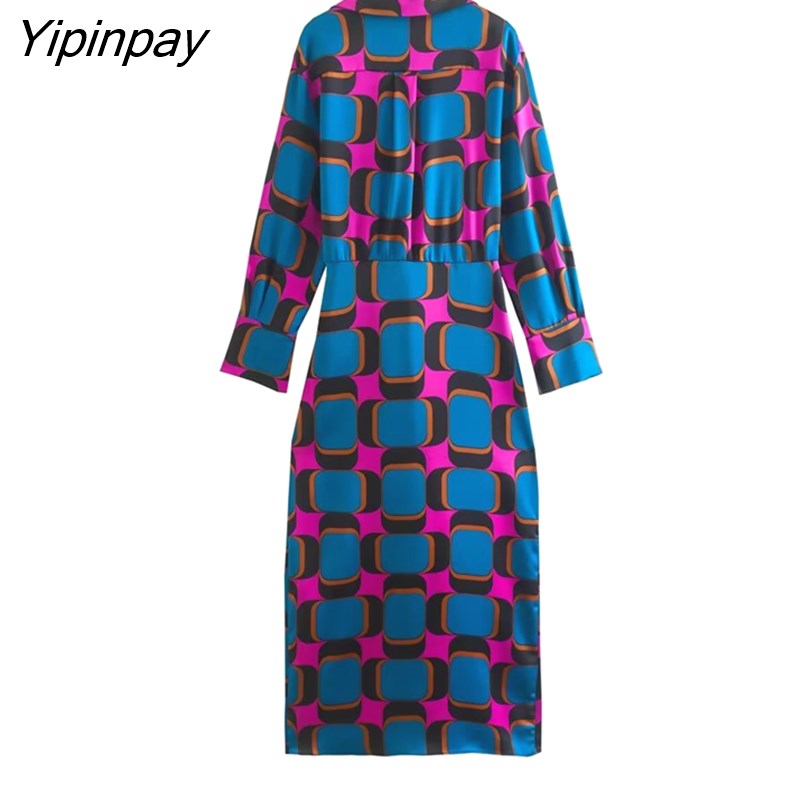Yipinpay 2023 Spring Autumn Elegant Women Wrap Print Dresses Fashion Bow Mid-Calf DressTurn Down Collar Long Sleeve Vestidos