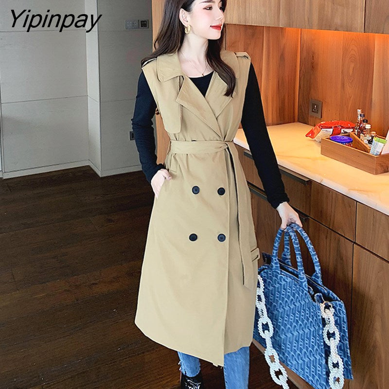 Yipinpay Autumn Sleeveless Vest Trench Women Casual Long overcoat match knitting tops Fashion female coat Ladies trench