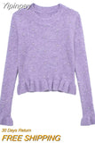 Yipinpay 2023 Purple Knitted Sweater Women Beaded Ruffle Cropped Sweater Woman Jumper Long Sleeve Knit Top Autumn Women's Pullover