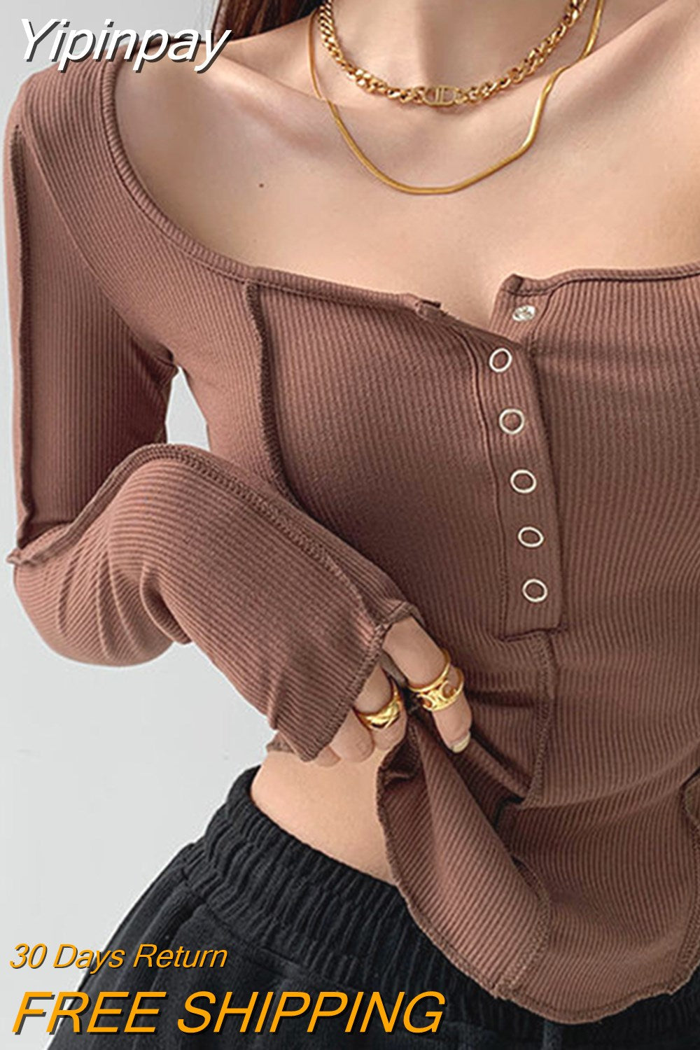 Yipinpay y2k Women T-shirt New Slim Single Breasted Long Sleeve Tees Patchwork Square Neck Cropped Tops Female