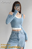 Yipinpay New Patchwork Women's T-shirt Fake Two-piece Slim Long Sleeve Y2K Crop Tops Woman Spring Autumn