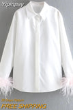 Yipinpay White Shirt Woman Long Sleeve Green Feather Top Party Elegant Female Blouses Fashion Collared Button Up Women Shirt