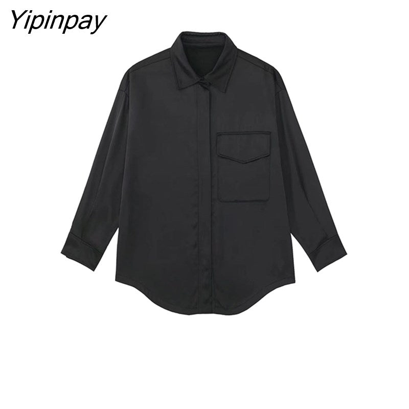 Yipinpay 2023 Spring Autumn Women Black Blouse Suit Oversized Fashion Single Breasted Pocket Top 2 Pcs Wide Leg Pants Street Outwear