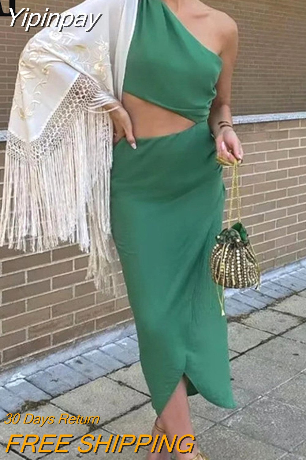 Yipinpay 2023 Cut Out Long Dress Women Asymmetric Green Sleeveless Dress Woman Ruched Off Shoulder Midi Summer Elegant Party Dresses