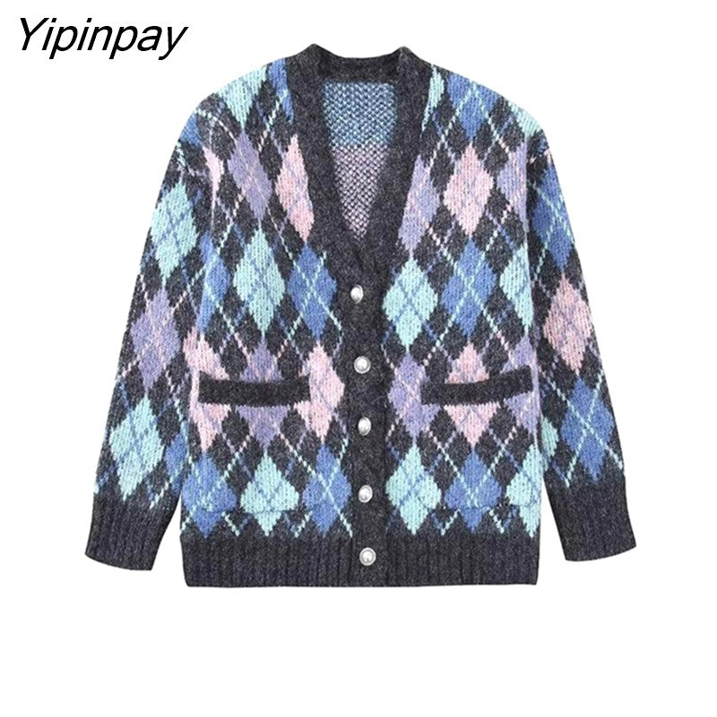 Yipinpay Women Winter Thicken Argyle Knitted Sweater Coats 2023 Fashion Jewelry Buttons Cardigan Tops Female Long Sleeve Chic Top