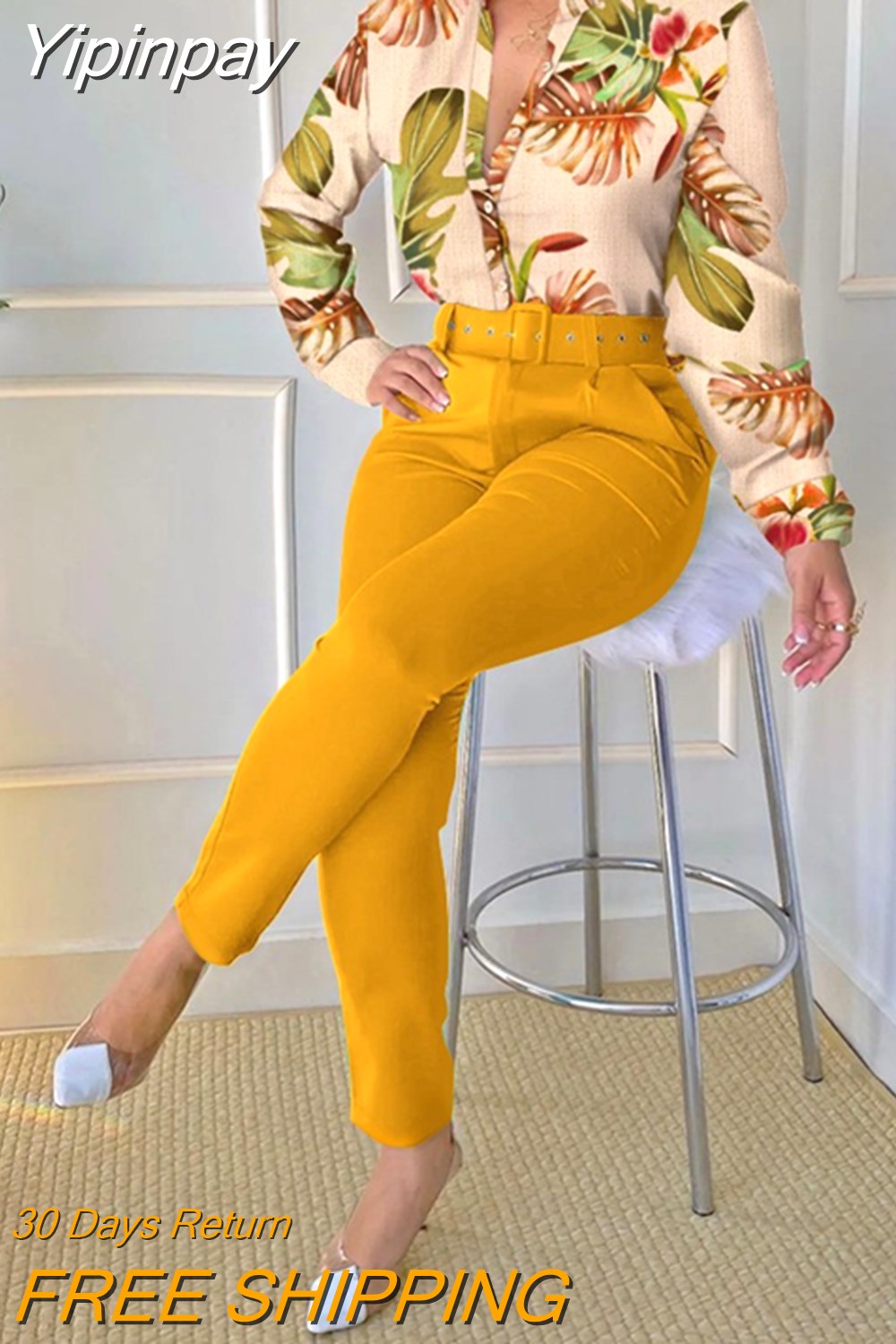 Yipinpay Two Piece Sets Autumn New Women's Fashion Print Stand-Up Collar Long-Sleeved Shirt Top with Belt Solid Color Trousers