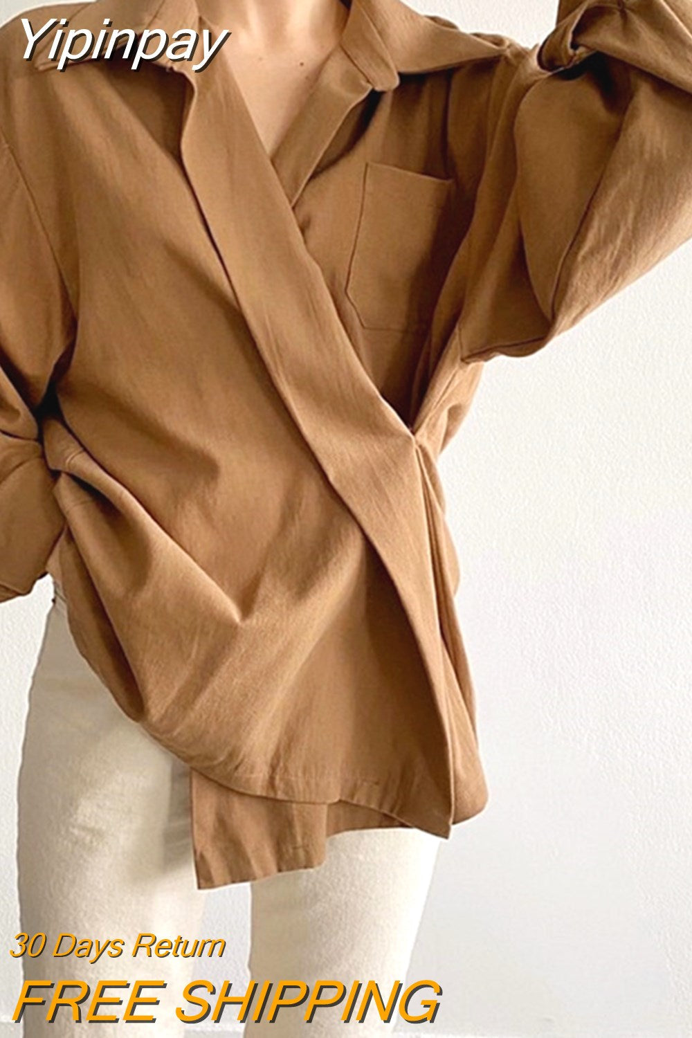 Yipinpay Chic Lapel Blouse Women Fashion Elegant Long Sleeve Shirts Office Ladies Spring Autumn New Cross Loose Tops