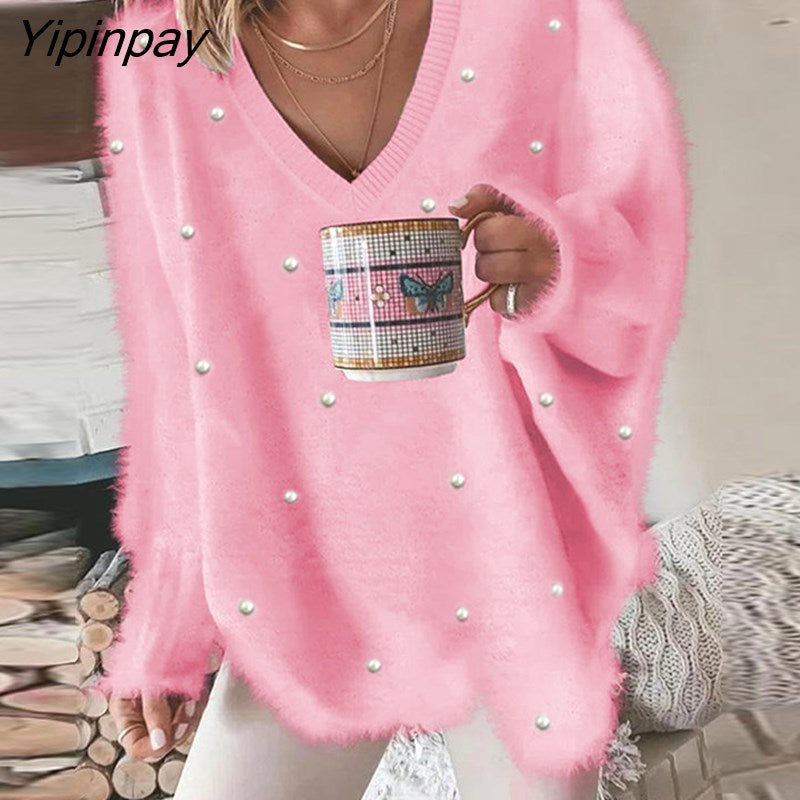 Yipinpay Women Casual Beaded Decor Long Sleeve Fluffy Top
