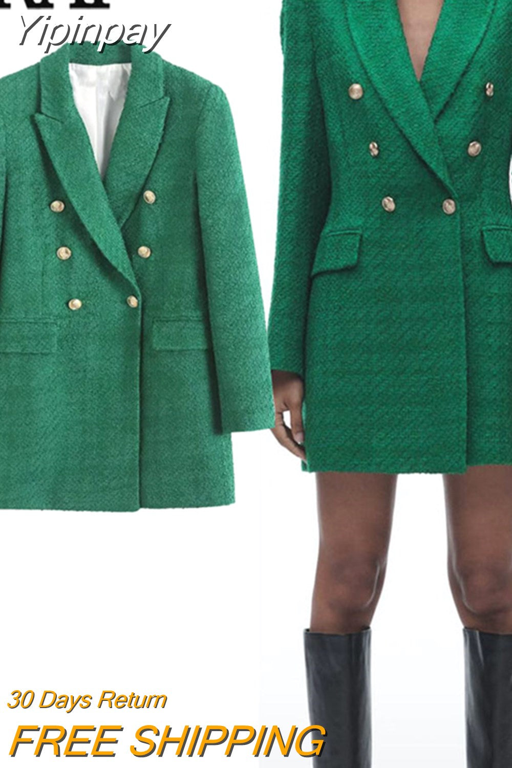 Yipinpay 2023 Green Long Blazer Woman Tweed Blazer Women Double Breasted Elegant Womens Jackets Long Sleeve Women's Spring Jacket